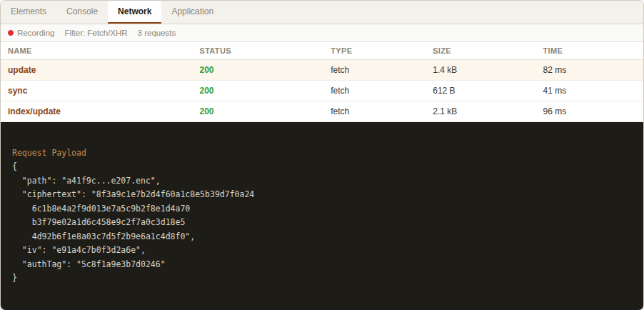 Screen capture: DevTools Network tab showing a save request as ciphertext